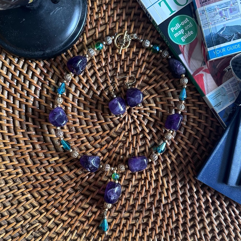 Genuine Stone Artisan Amethyst Beaded Necklace and Earrings Set